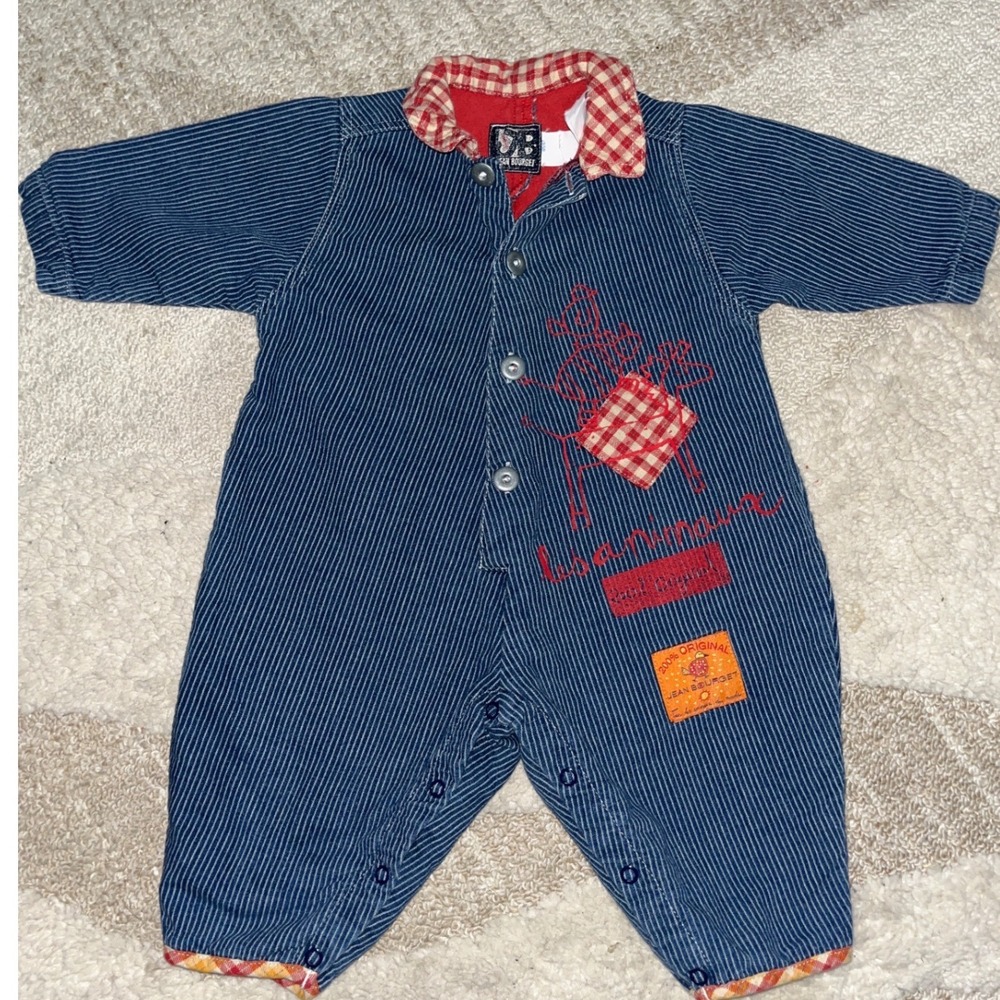 Jean Bourget Vintage Baby Romper 6M Blue Pinstripe Gingham Trim Made in France
